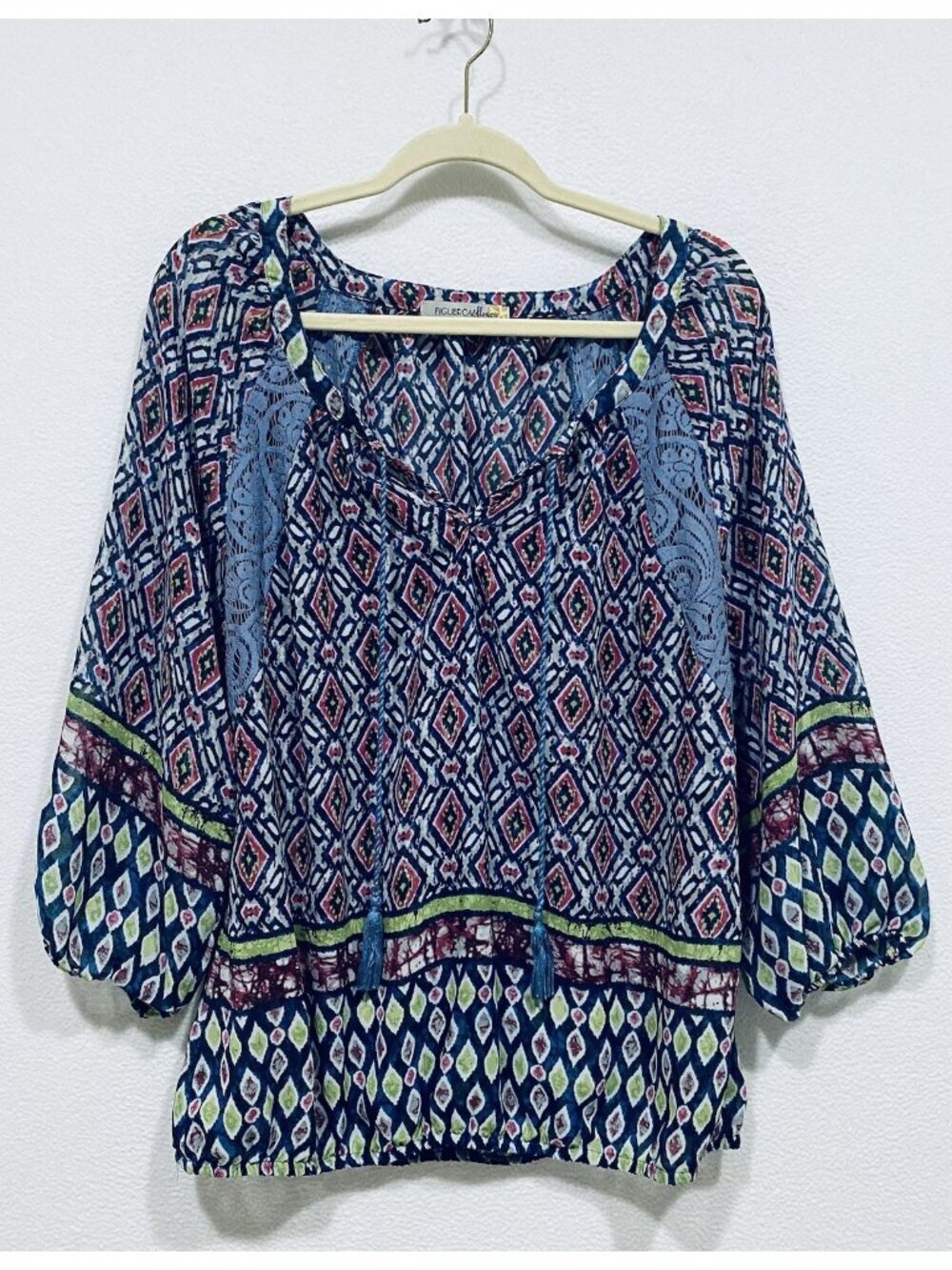 Figueroa and Flower Top Womens XL Geo Print Peasant Tassel Crochet Sheer Boho